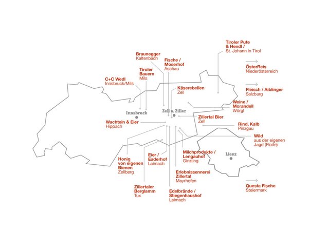 Das Bild zeigt eine Karte regionaler Produkte aus der Herkunft des Hotel Theresa Zillertal