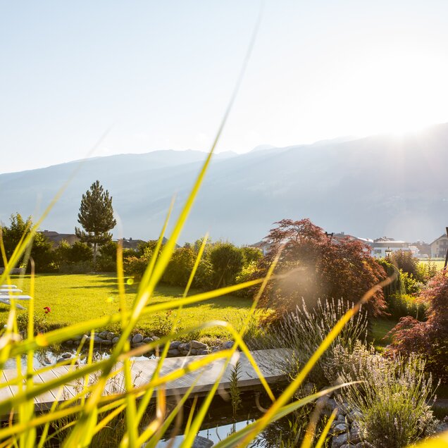 The view showcases the garden of silence at Hotel Theresa Zillertal