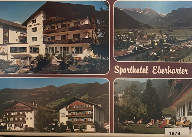 The picture shows a postcard of Sporthotel Eberharter, now Hotel Theresa Zillertal