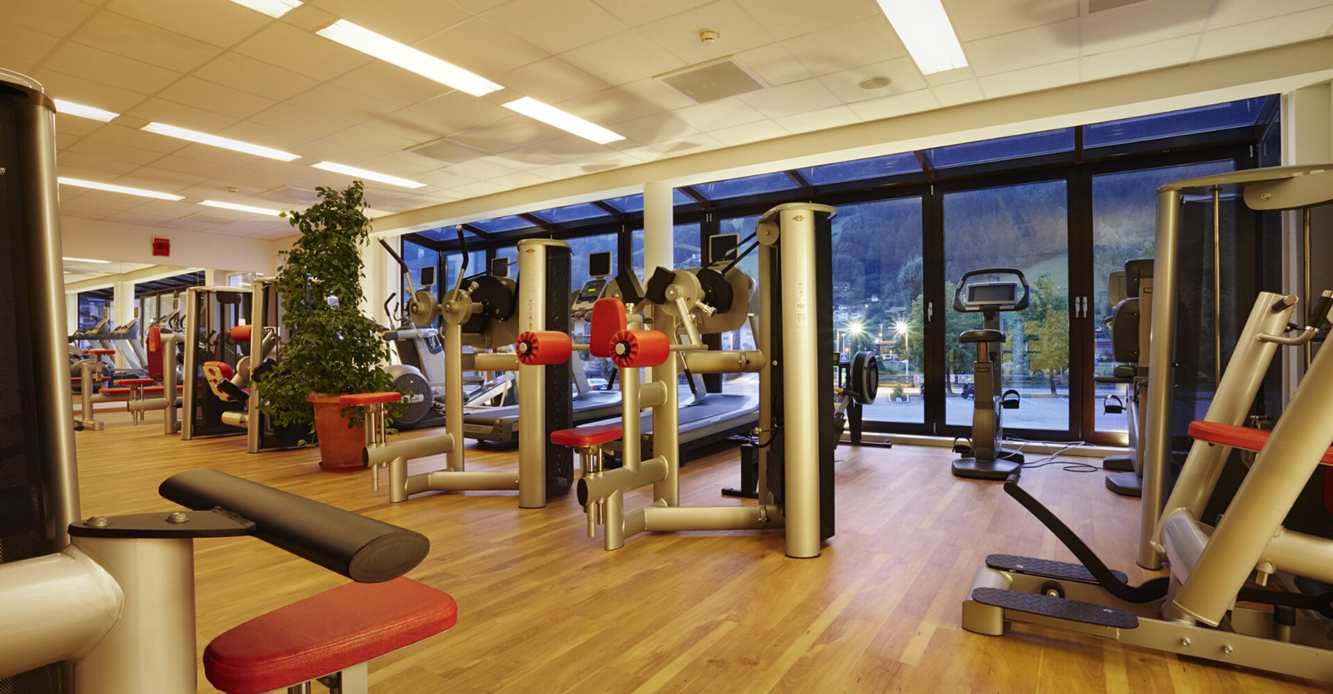 A gym with weight training equipment at Hotel Theresa Zillertal