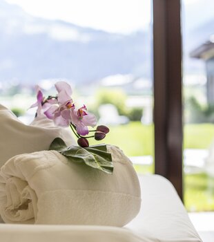 Der Ausblick aus einer Spa-Kabine im Hotel Theresa im Zillertal zeigt die Berge