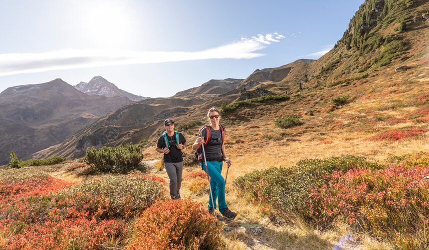 Zwei Wanderer wandern im Herbst auf dem Gerlosstein in der ZillertalArena